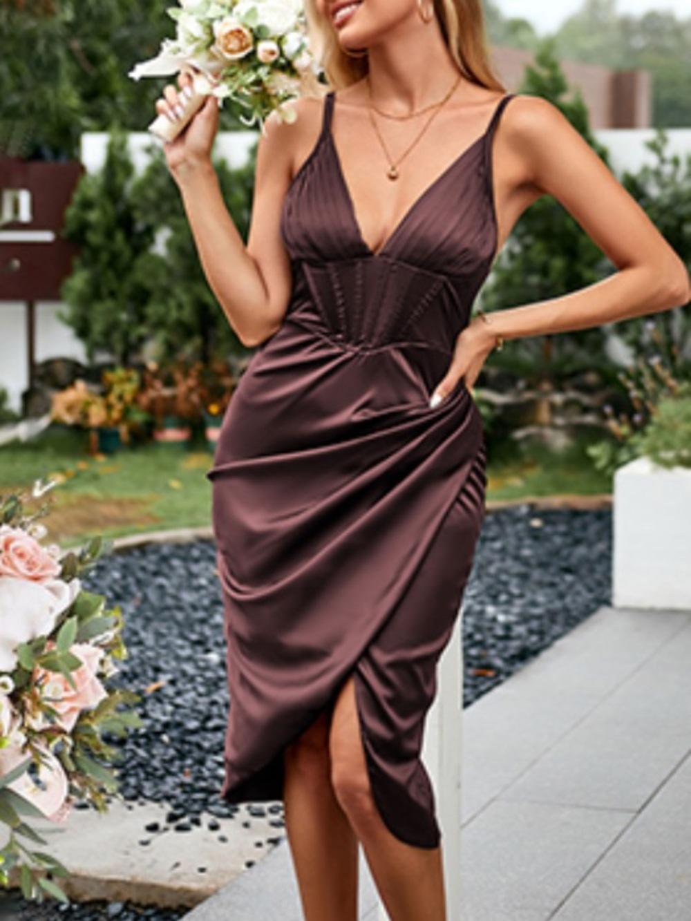 NWT (Tiny Flaw) Zaful Satin Corset Front V-Neck Midi Dress in Deep Plum | 2XL
